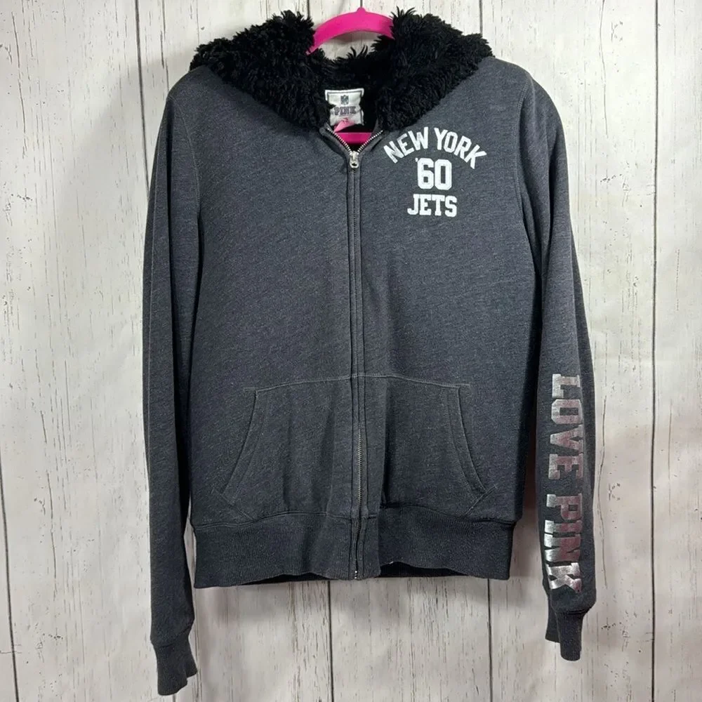 Pink Victorias Secret Faux Fur Lined NFL Jets Sequins Zip Hooded Pockets Gray